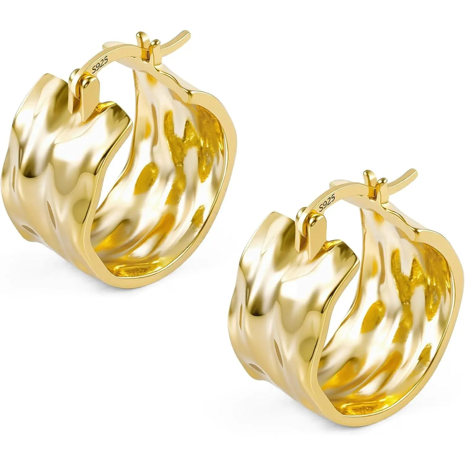 925 Sterling Silver Hammered Chunky Hoop Earrings for Women Hypoallergenic Thick Wide Hoop Earrings