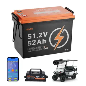 VEVOR 48V (51.2V) 52AH Lithium Golf Cart Battery, with 15A Charger, Lifepo4 Battery Kit, Built-in 100A BMS, 4000 Cycles, 2C Discharge Rate, Bluetooth Mobile APP, for Golf Carts, Trolling Motors
