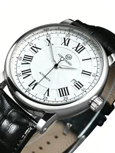 Luxury Men's Automatic Mechanical Watch, Roman Numerals, Large Dial, Calendar Display, Leather Strap, Round Case, Business Casual, Gift Idea