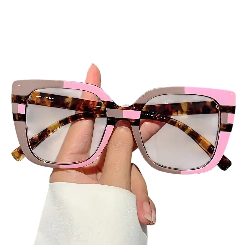 2026 NEW Color Block Full-Rim Square Glasses Non-Prescription Eyewear with Leopard Print & Chain Embellishment Stylish & Elegant Design for Formal & Daily Wear, Fashion Decor Eyewear