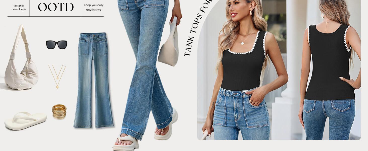 Yousify Women's Square Neck Tank Tops 2025 Summer Sleeveless Shirts Casual Slim Fitted Color Block Ribbed Tanks for Vacation Beach Home Workout Daily Wear