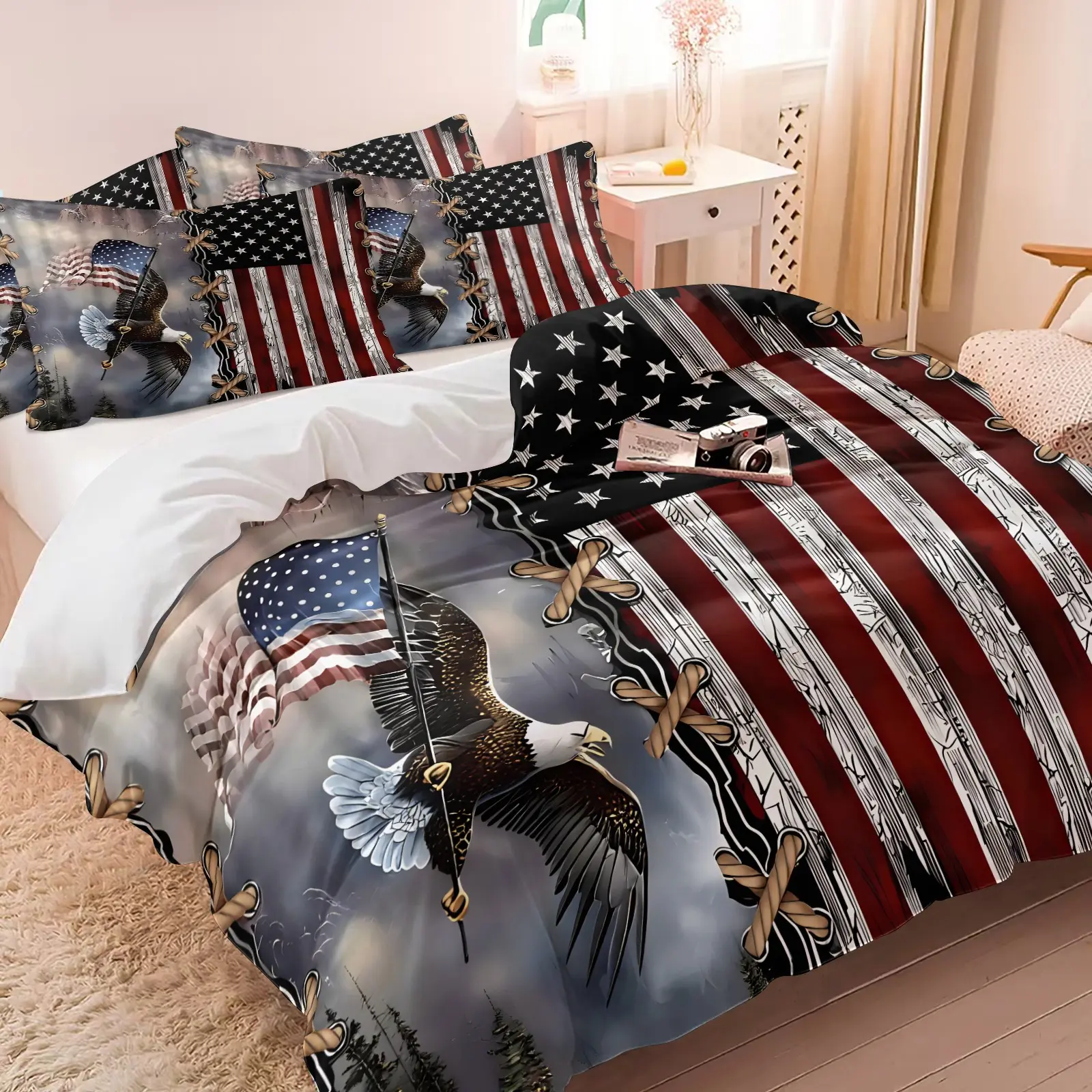 American Vintage Bald Eagle Duvet Cover Set, 1 Duvet and 1-2 Coreless Pillowcases, Wild West Bald Eagle Outdoor Military Vibe, Soft Comfortable Bedding, Military Workwear Style Bedroom Decor