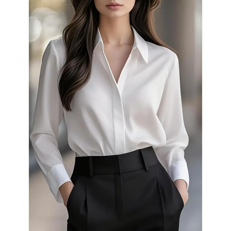 Women's French Style Solid Color Long Sleeve Shirt - Classic Pointed Collar Single Button Closure, All-Season Versatile Professional Office Top, Womenswear Blouse Basic Fitted Blue Minimalist