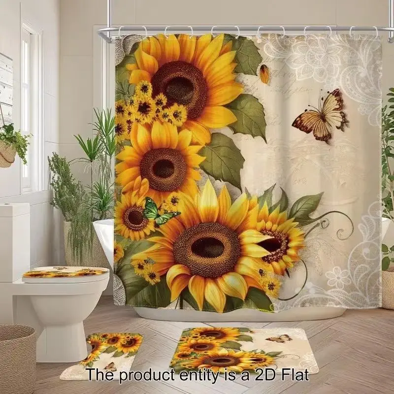 1/4pcs Retro Sunflower Theme Shower Curtain Set, includes non-slip mat, U-shaped rug, and toilet seat cover, perfect for bathroom decoration, comes with 12/24 shower curtain hooks, Bathroom Decoration Accessories, Bathroom Supplies, Bathroom Accessory
