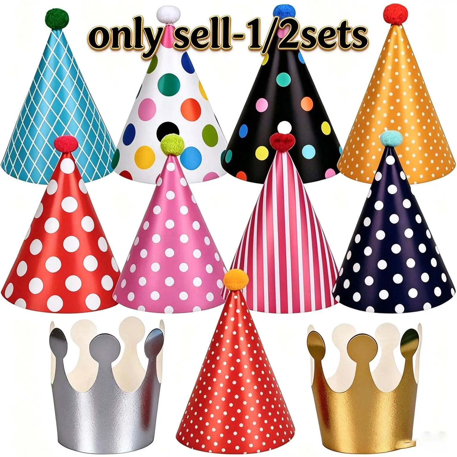 11-Piece Party Hat Set with Pom Poms, Birthday Cake Hats for Kids, Girls, Boys, Adults, Babies, Perfect for Birthday Decorations