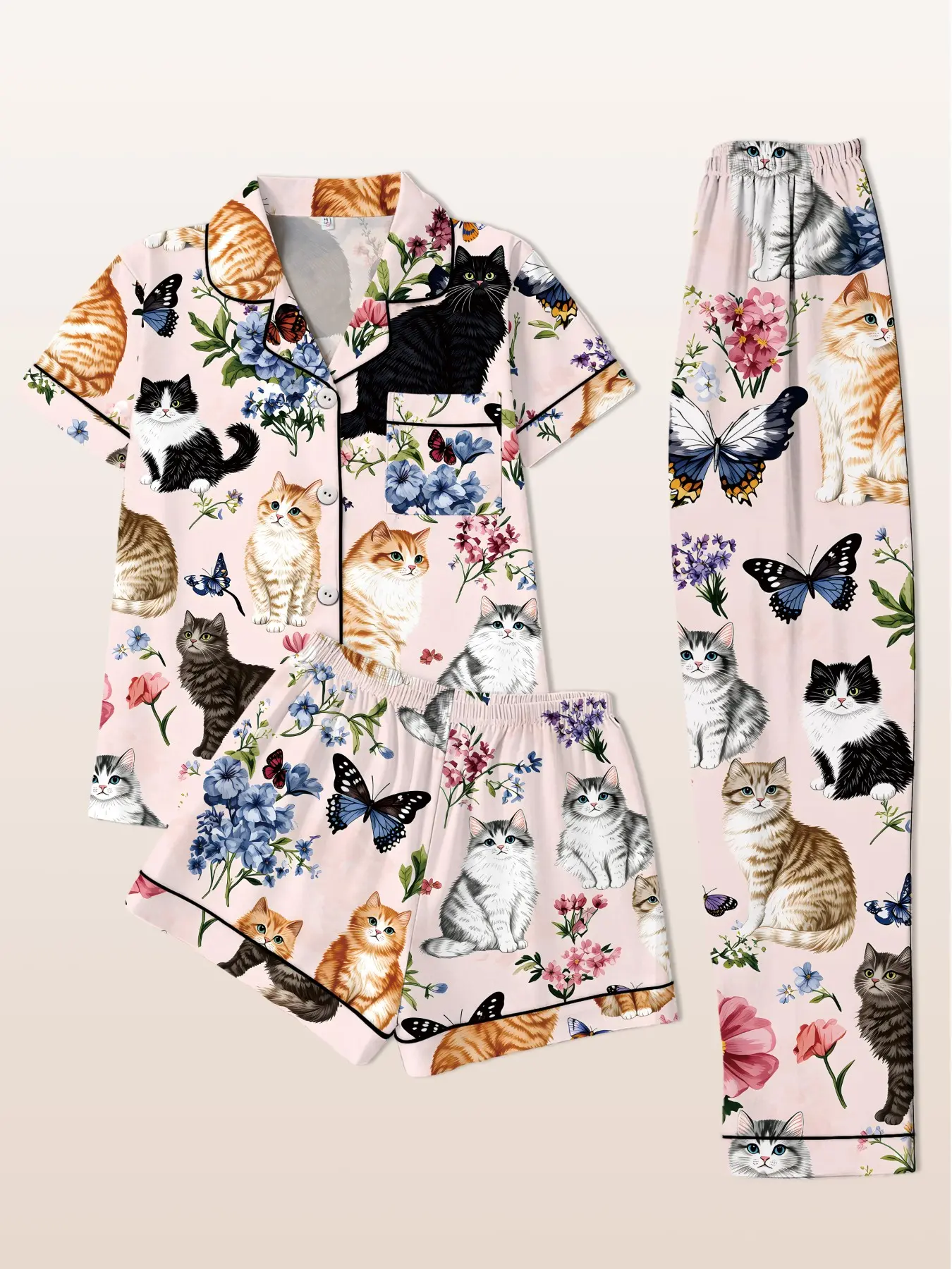 Women's 3-Piece Matching Pajama Set, Short Sleeve Open Front Top + Shorts + Long Pants, Cute Cat Butterfly Floral Print, All Seasons Casual Sleepwear Loungewear