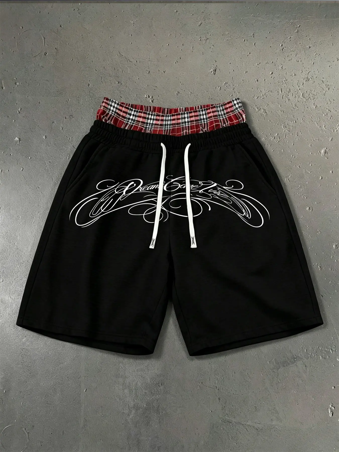 Men's Red Plaid Double Layer Waist Vintage Cursive Dream Game Print Drawstring Straight Knee Casual Shorts, Retro Gothic Y2K Streetwear, lightweight comfy breathable soft knit fabric, elastic dual plaid trim waist, adjustable drawstrings