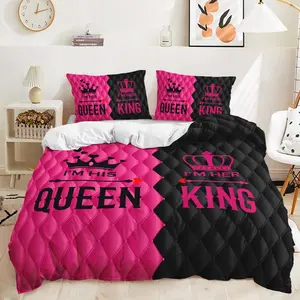 King and Queen Duvet Cover Set Queen Size,3-Piece Romantic His Hers Themed Comforter Cover Set for Lovers Couple,Crown Mr Mrs Pink and Black Duvet Cover with 2 Pillowcases