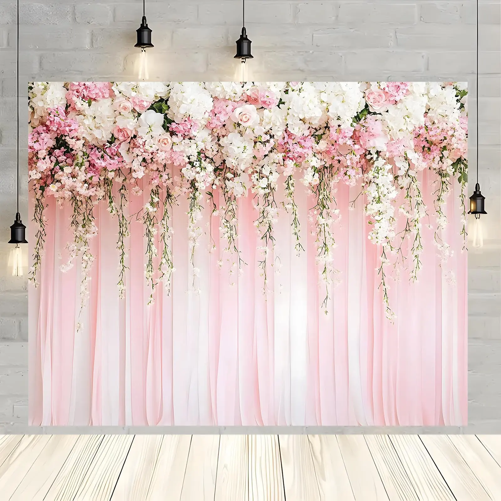 Polyester 2D Flat Printing Floral Party Banner - Single-Piece Pink Flower & Ribbon Design Decorative Indoor Backdrop for Weddings, All-Seasons Home & Festive Decor, Photo Wall Accessory