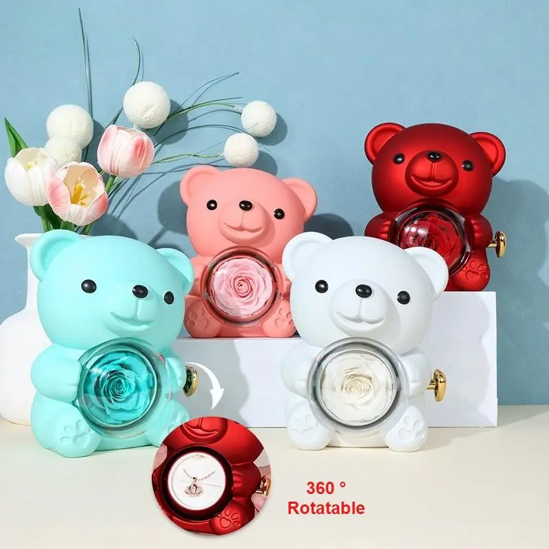 Lovely Rotating Acrylic Rose Bear Jewelry Gift Box, Ring & Necklace Storage Packaging Box with Decorative Flowers, Romantic Teddy Rose Bear Ornament, Ideal Gift for Valentine’s Day, Mother’s Day, Anniversary & Birthday, Elegant Home Decor for Mum