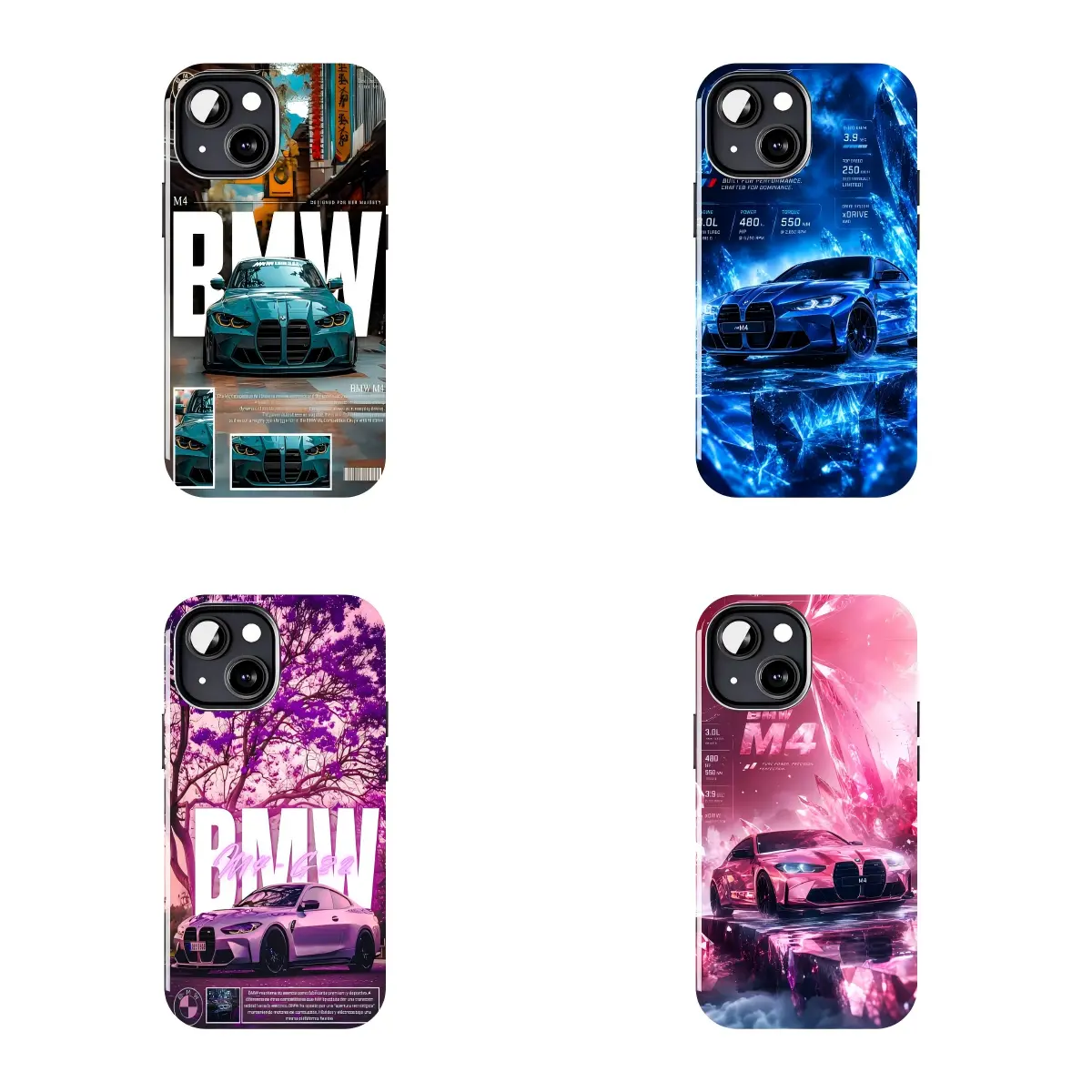 4 Styles BMW M4 Luxury Coupe Magazine Collage Neon Crystal Print Phone Case, Anti-Scratch TPU Cover, JDM Street Race Sport Car Aesthetic Phone Shell for All iPhone Models
