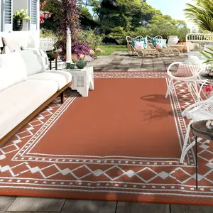 GAOMON Waterproof Reversible Outdoor Rug 9x12/9x18ft – Large Plastic Straw Patio Carpet – Easy Clean, Modern Edgeed Mat – For Patio, RV, Deck, Porch, Balcony, Backyard, Camping, Beach – Grey/White & Brown/Coffee/Navy