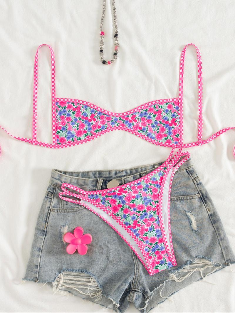 Two-Piece Set Women's Floral Print Bikini Set, Casual Fashion Chic Swimsuit Set for Beach Holiday Vacation, Ladies Summer Clothes, Flower Print Bikini