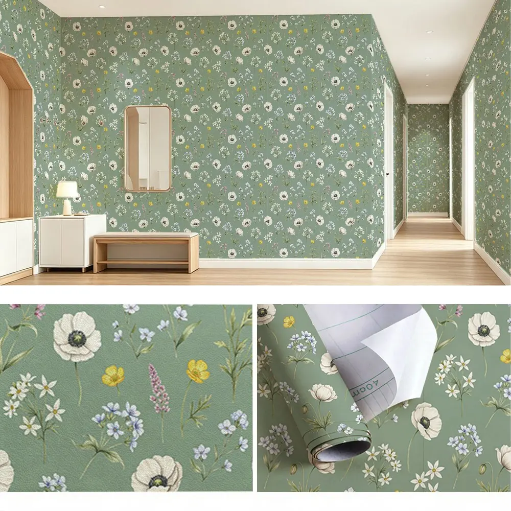 Wildflower Pattern Repeat Wallpaper, PVC Material, Mould-Proof, Easy Peel-And-Stick, Ideal for Living Room, Kitchen, Bedroom Decor