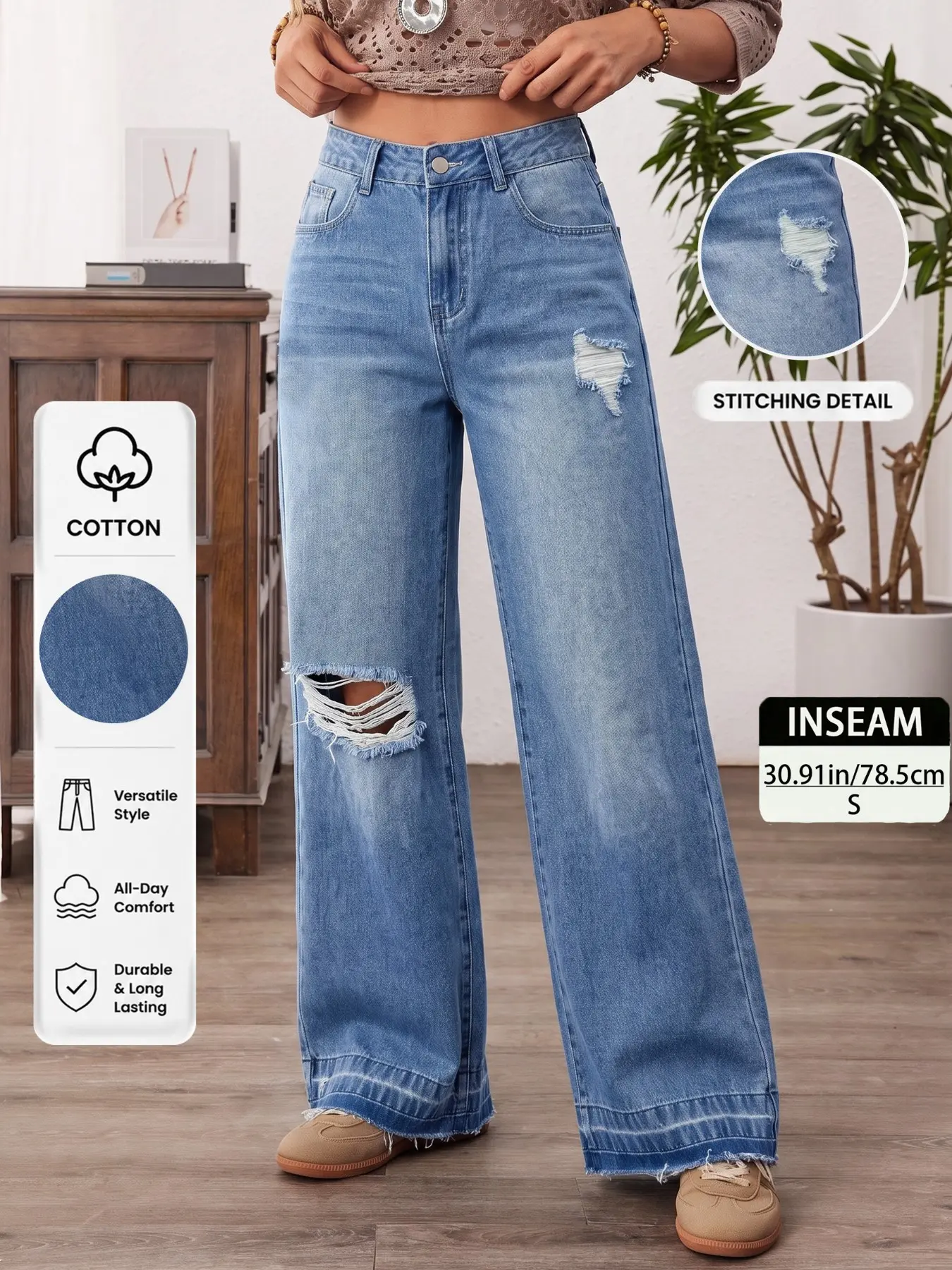2026 Summer Women's High Waisted Distressed Denim Jeans - Baggy Loose Wide Leg, Raw Hem, Streetwear, Slimming, All-Season Trendy Casual Pants