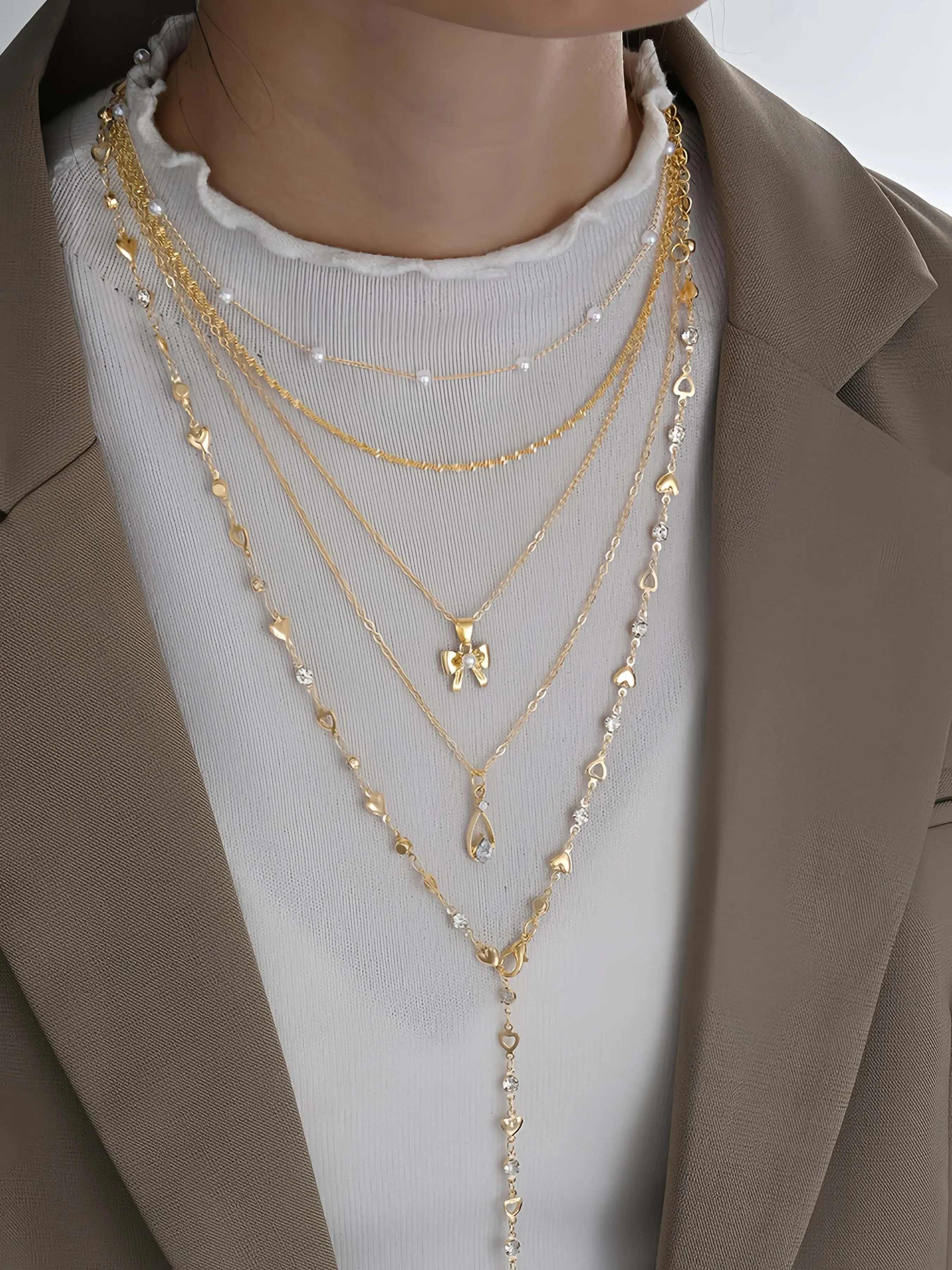 5pcs Ocean Vacation Style Bow Necklace Set, Water Drop Rhinestone, Pearl, Heart Chain, Ideal for Beach, Daily, Party Wear, Gift for Friends & Girlfriends