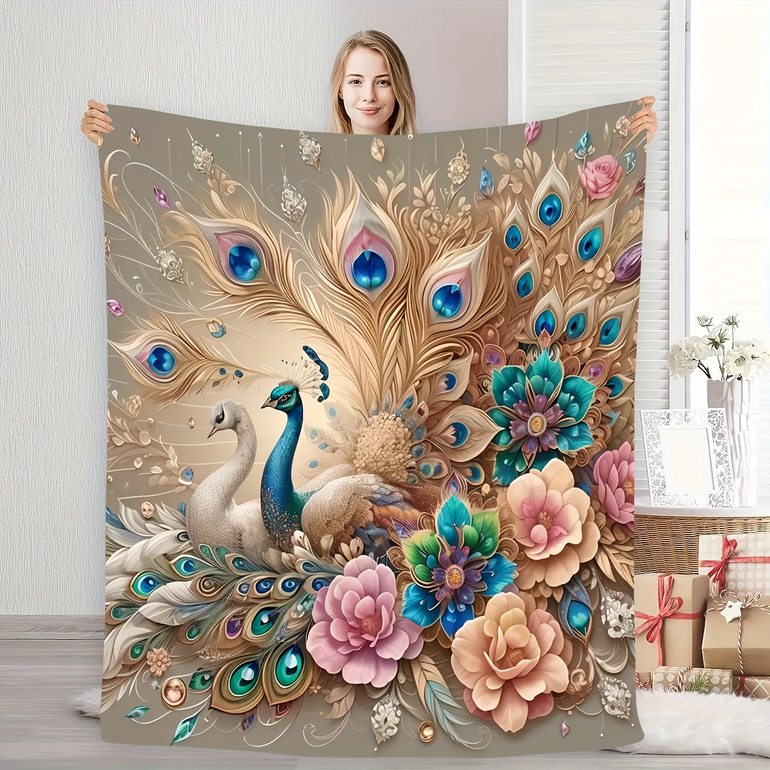 Retro Peacock & Floral Print Flannel Blanket - 280GSM, Soft, Warm, Durable, Wrinkle Resistant, Fade Resistant, Elegant Golden Design - Machine Washable - Ideal for Home Decor, Camping - Perfect Gift for Loved Ones