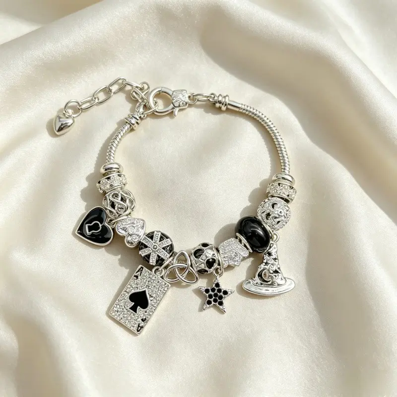 DIY Charm Bracelet Heart Lock Poker Card Magic Hat Star Pendant Sparkling Accent Edgy Y2K Aesthetic Cool Statement Wear Personalized Styling Fashion Accessory Trending Item For Daily Outfit Matching Unique Dark Chic Jewelry Piece