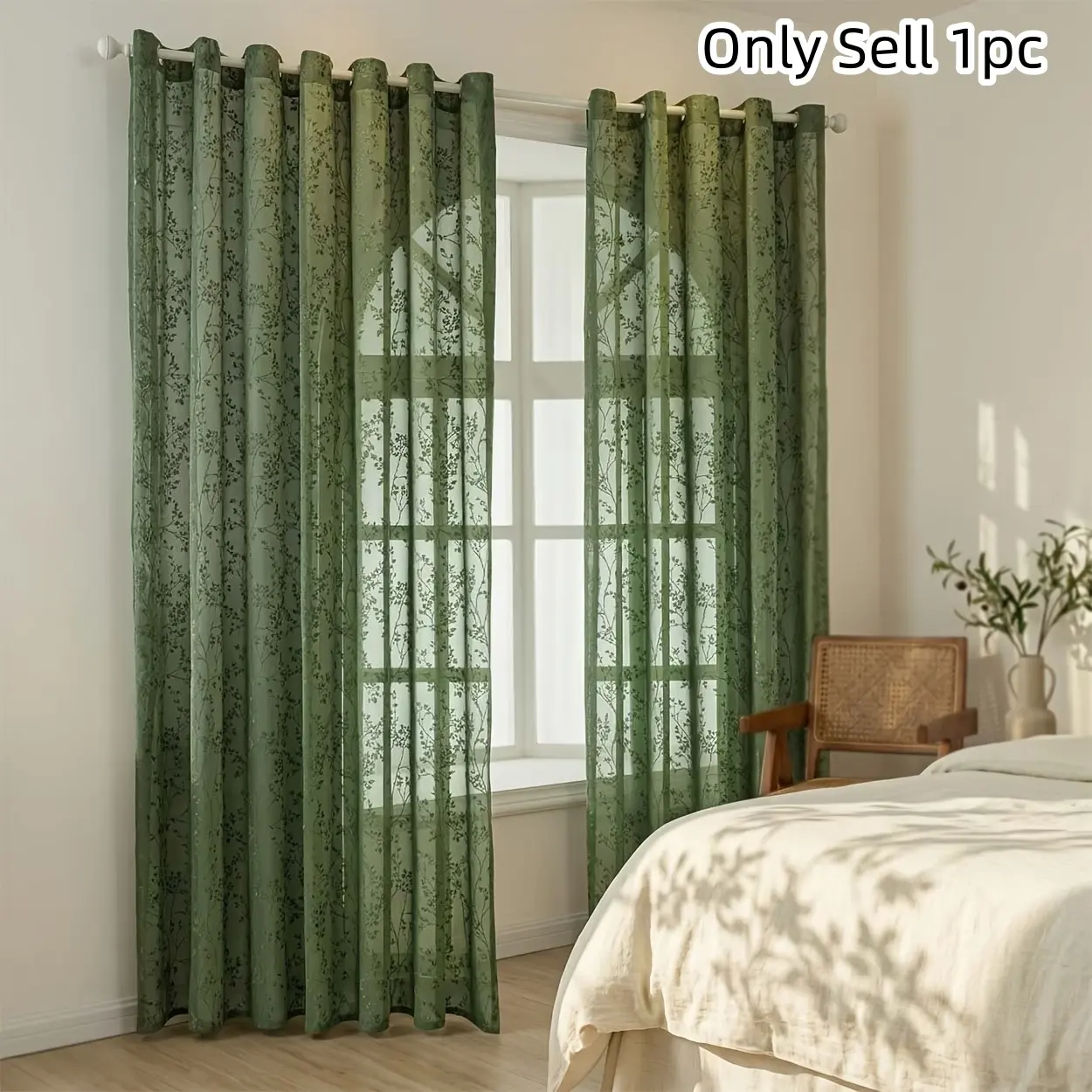 1pc Forest Style Embroidered Transparent Curtain, Home Decoration Curtain, Branch Pattern, Top Ring Suspension, Living Room, Floor Window, Bedroom, Balcony, Study, Embroidered Curtains