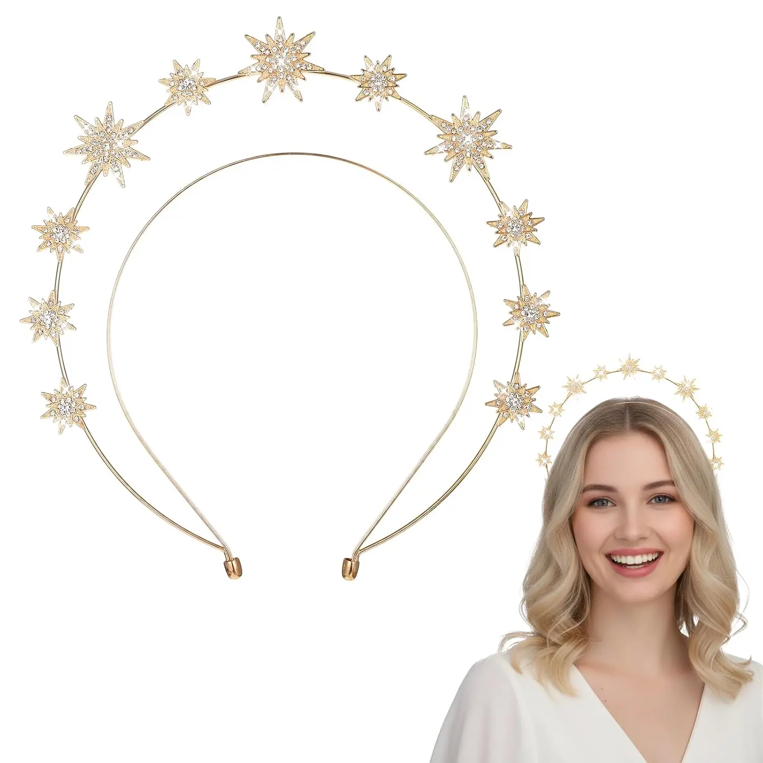 Gold Halo Headband, Crystal Star Halo Crown, 4.9 Inches Diameter Gold Rhinestone Goddess Crown Headpiece, Glitter Tiaras for Women Bridal Wedding Cosplay Party Hair Accessories
