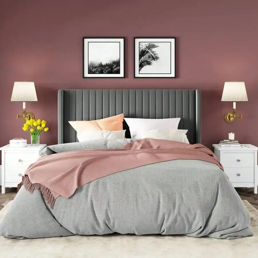 Allewie Multi-Size Velvet Fabric Tufted-Wing Classic Bed Frame with Wingback Headboard, Vertical Channel Tufting, Strong Wooden Slats, No Box Spring Needed, Easy Assembly (Blue, Black, White, Green, Teal, Pink, Grey)