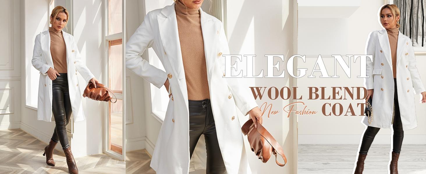 FMEYOA Women's Elegant Notched Collar Double Button Slim Long Wool Blend Pea Coat Jacket