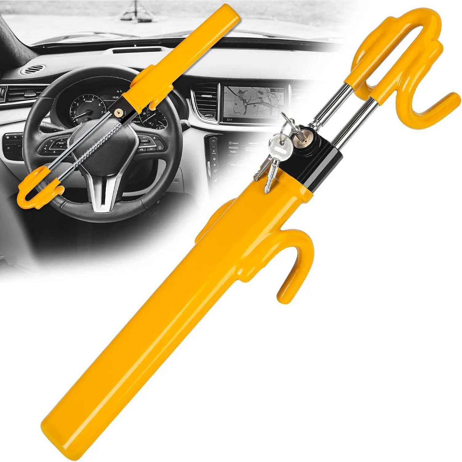 Adjustable Heavy-Duty Key-Operated Steering Wheel Lock - Vehicle Anti-Theft Safety Device (Yellow), Fits Most Cars, Trucks, Vans, SUVs, Includes 3 Keys for Daily Use