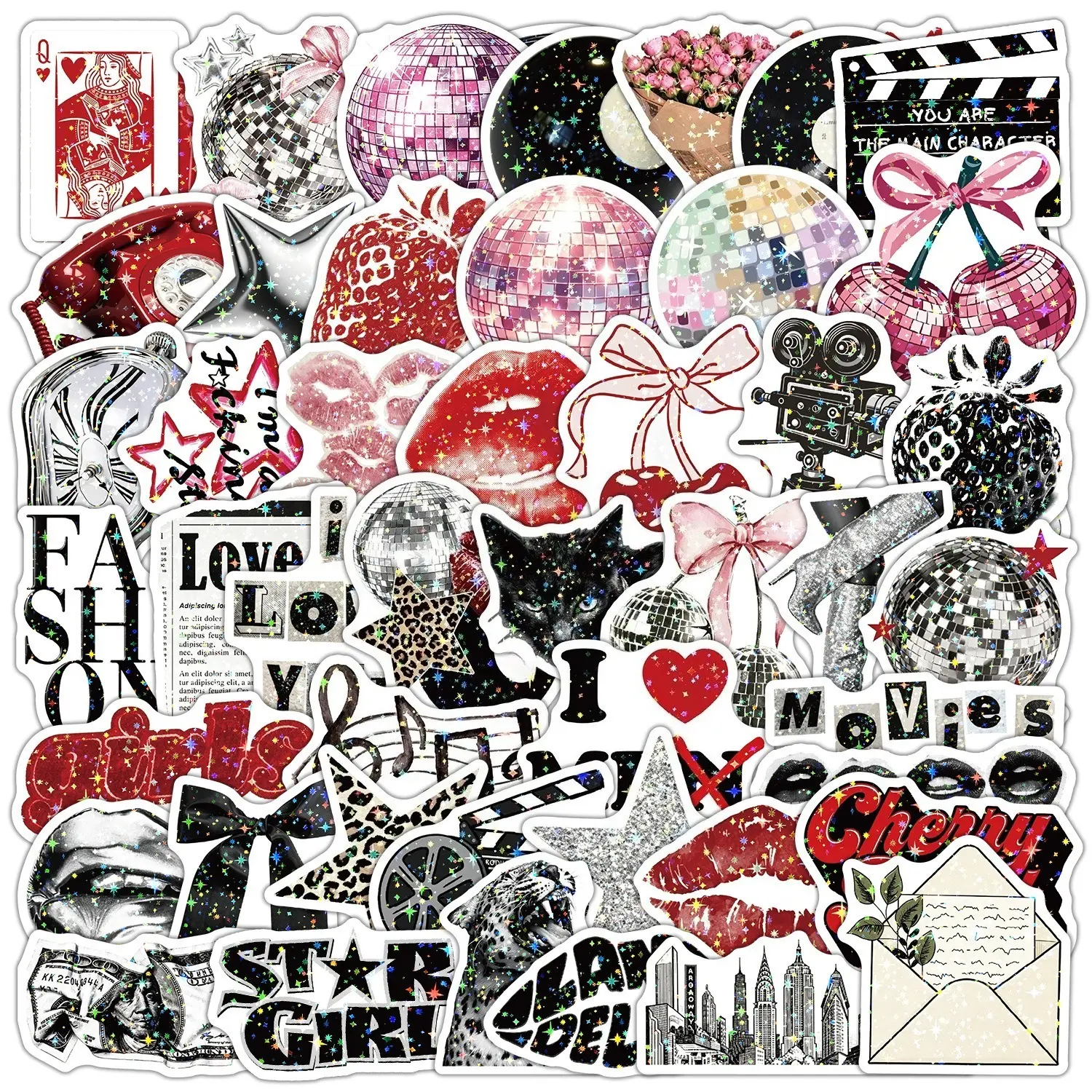 50Pcs Y2K Glitter Disco Ball Stickers, Retro Bow Lips Cherry Movie Vinyl Decals, Aesthetic Planner Accessories, Back To School Office Supplies for Laptop Journal Scrapbook