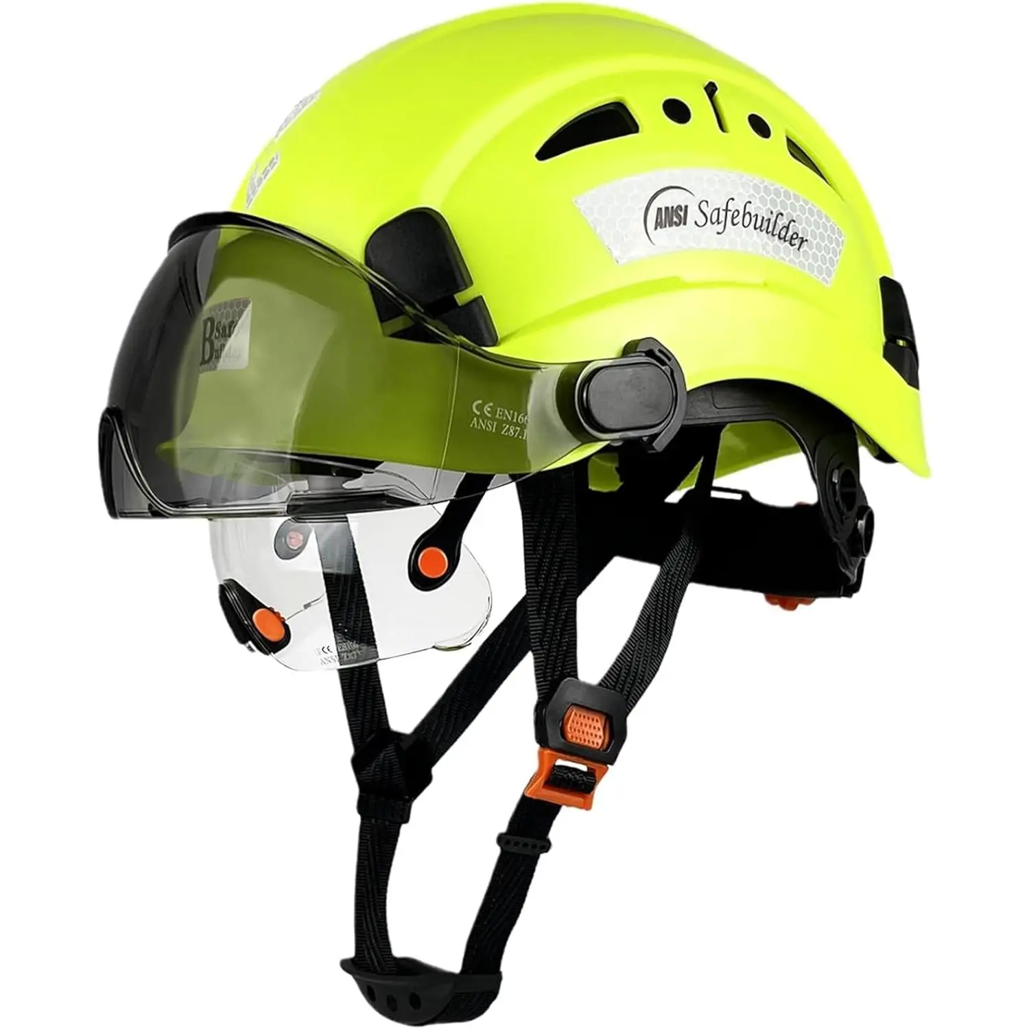 Protective Headgear with Dual Flip Shields, 6-Point Suspension, Ventilated Shell, Adjustable Fit for Workshop, Carpentry, Outdoor Site Work, DIY Projects