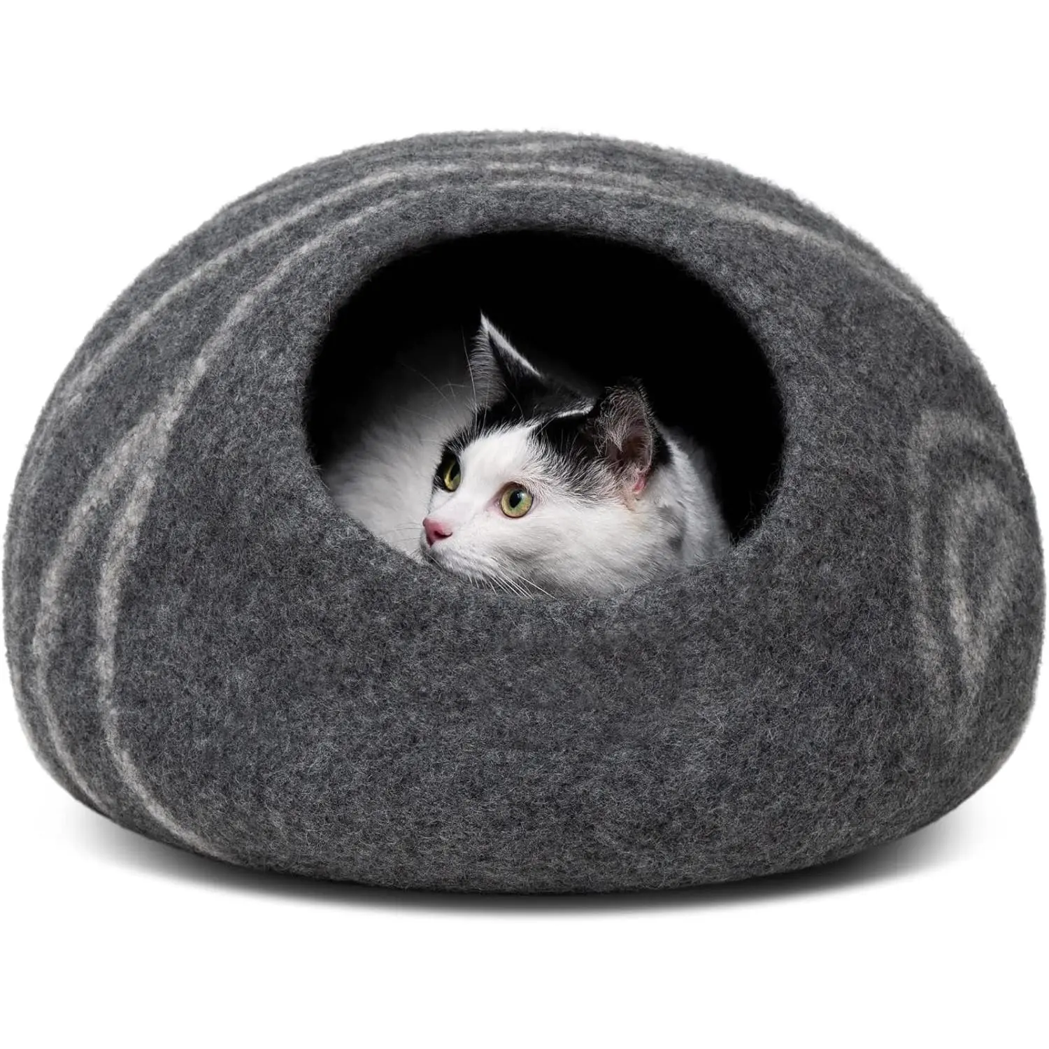 Premium Felt Cat Cave Bed Enclosure for Indoor Cats, Handmade Merino Wool (Dark Grey, Medium)
