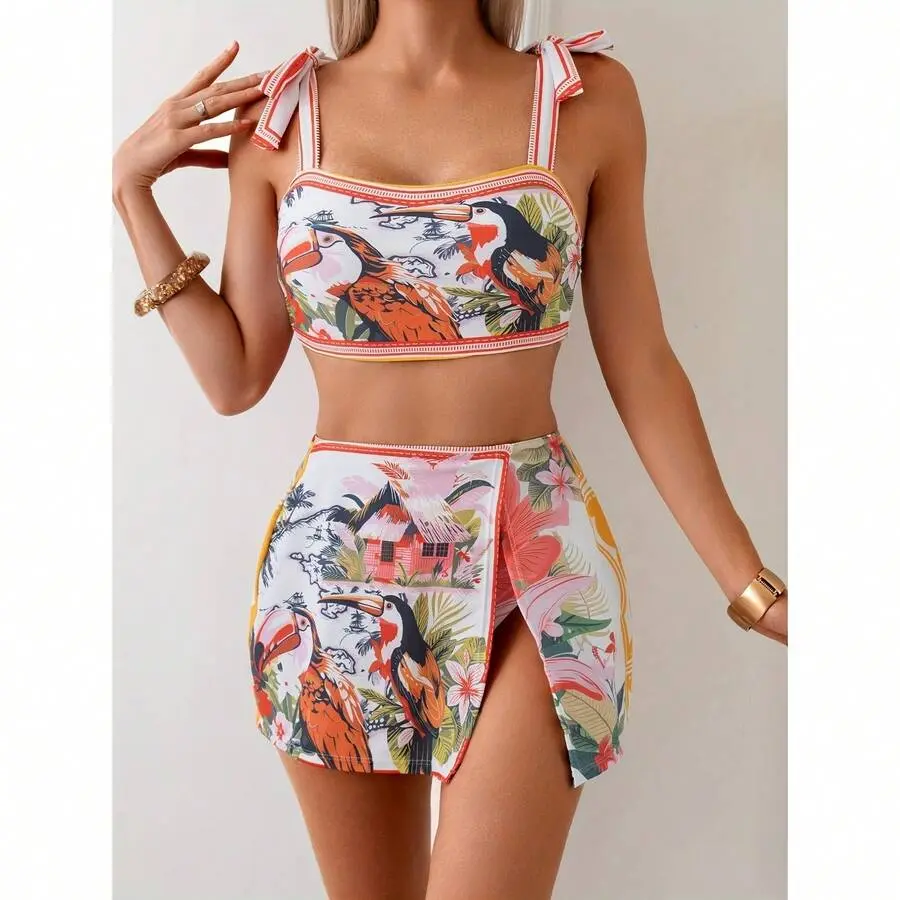 Women's Swimsuit Set, 3-Piece Tropical Print Strappy High-Waisted Bikini with Tie Skirt, Quick Drying Stretch Fabric for Water Sports, L, All Over Print Swimdresses, Adjustable Thin Straps, Tie Details, Wireless Bra Top