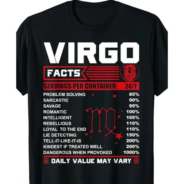 Virgo Facts Zodiac Sign Vintage Nutrition Chart Style Astrology Graphic Short Sleeve T-Shirt, Unisex Summer Vacation Back To School Horoscope Casual Tops, 100% Pure Cotton Printed Craft Summervibes Tee, Soft Breathable Loose Fit daily outfits