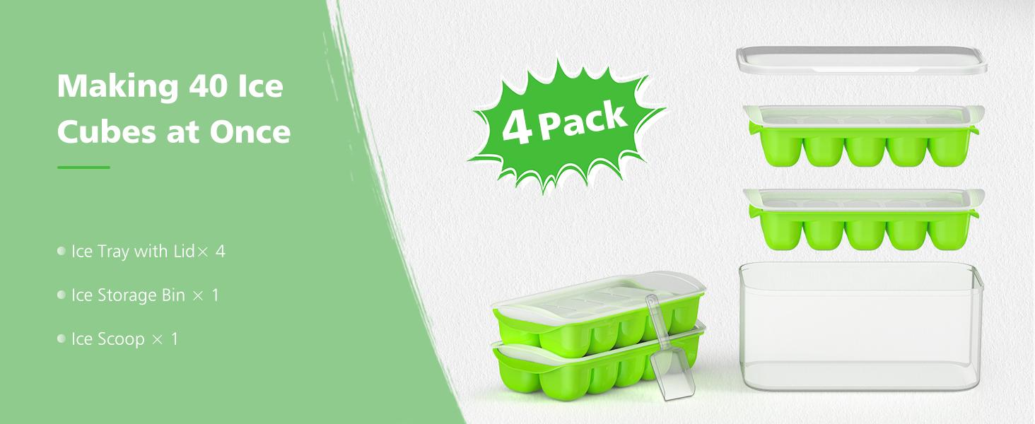 Ice Cube Tray with Lid and Bin - 4 Pack Ice Bucket Kits, Stackable Silicone Ice Trays for Freezer, Easy Pop Out, BPA Free for Cocktail, Coffee, Soup, Food, RV, Kitchen