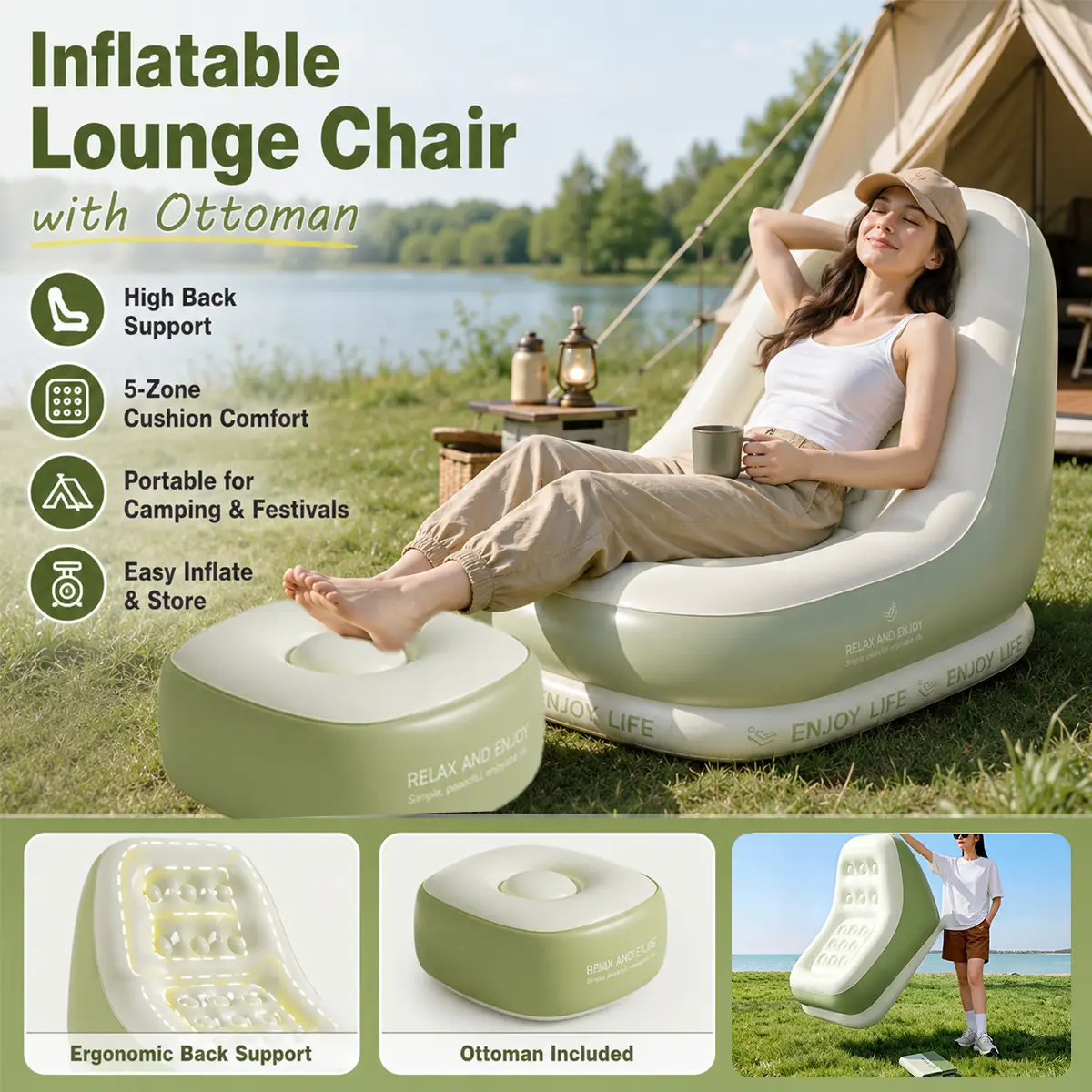Inflatable Lounge Chair with Ottoman, Portable Indoor Outdoor Air Sofa Set, High Back Sofa, Foldable Camping Recliner with Raised Backrest, 5-Zone Support, Lightweight Inflatable Sofa for Adults, Music Festival, Patio, Beach, Backyard & Travel