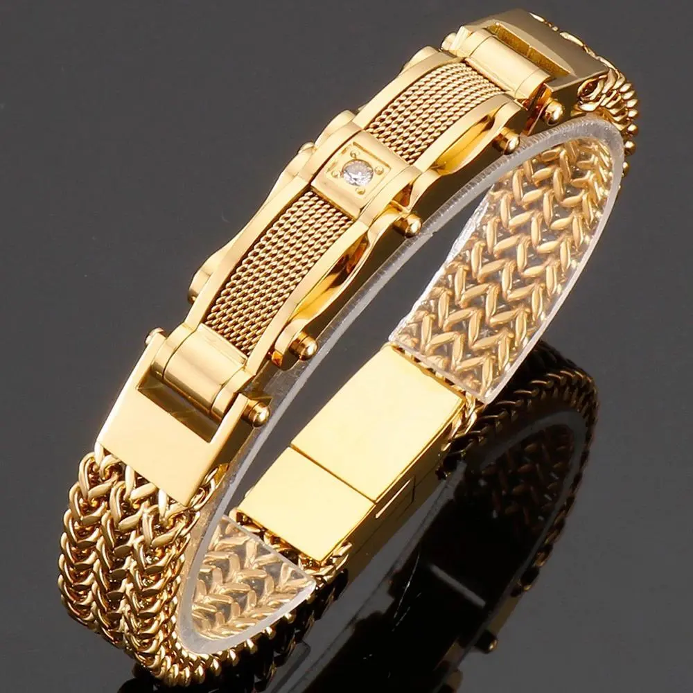 Elegant Male Bracelet in Polished Stainless Steel, 12mm Gold-Tone Square Franco Link Chain with Magnetic Clasp, Around 64g, 19cm-23cm, Wrist Bracelets, Chain Jewelry Bracelets & Bangles