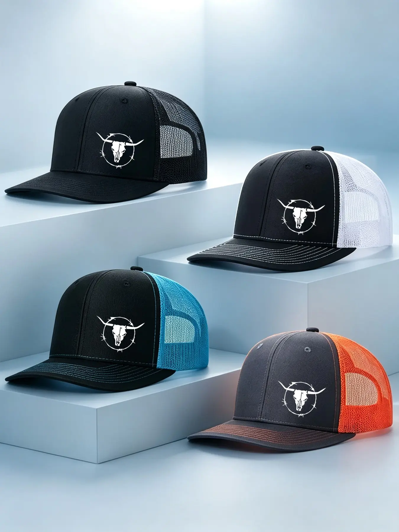4pcs Unisex Baseball Cap Bull Head Printing Hat Mesh Hats for Mens Women Richardson Slightly Curved Brim Baseball Cap Adjustable Trucker Hats Dad Hats Outdoor Mesh Breathable Sun Hat