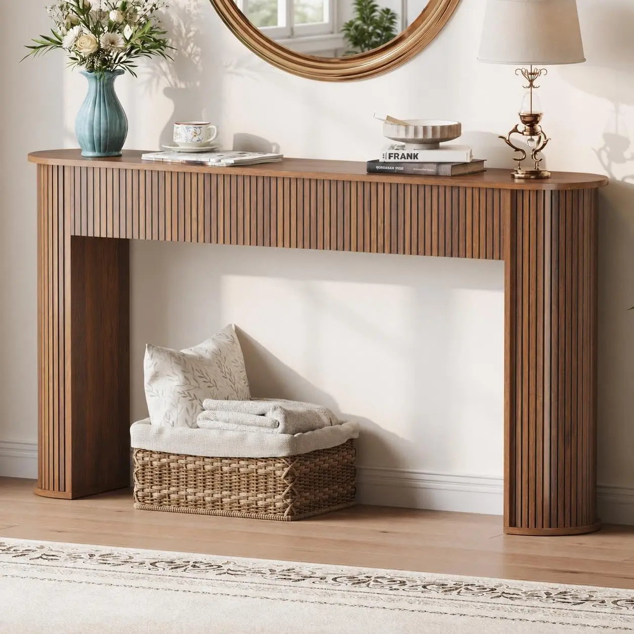 Fluted Console Table 59 Inch – Entryway Table for Hallway, Behind Couch Sofa Table, Modern Narrow Hallway Table with Storage Shelf for Living Room, Entryway, Bedroom