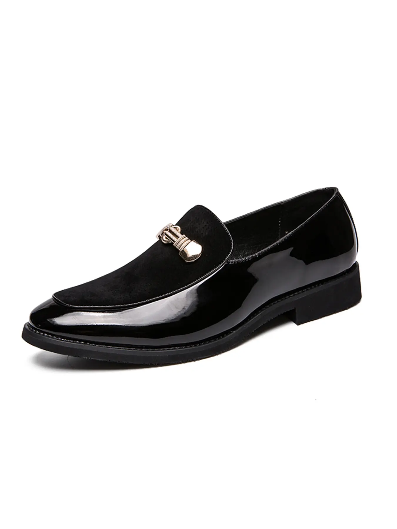 British Luxury Men's Glossy Metal Buckle Loafers, All Slip-On Dress Shoes, Durable Soft Leather, Business Office, Casual Wear