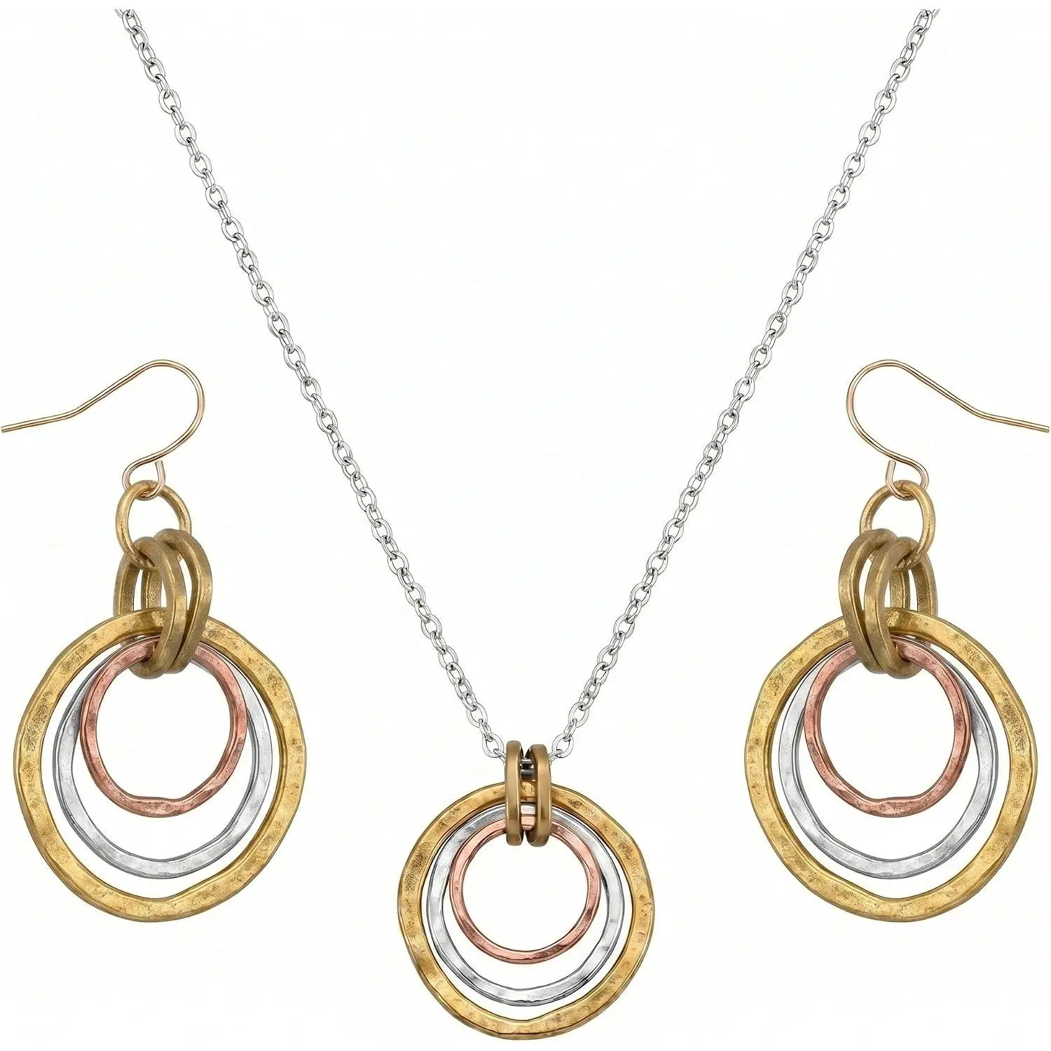 Necklace and Earrings Set for Women - Triple Interlocking Circle Pendant Necklace Dangle Earrings, Hammered Geometric Dainty  Set, Anniversary Birthday ,   Two Tone