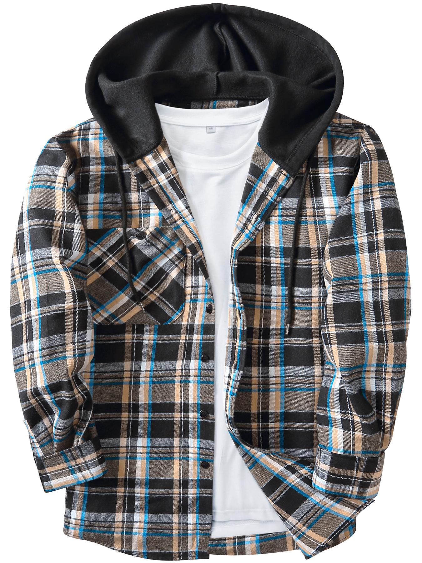 Men's Plaid Button-Front Drawstring Hooded Shirt, Regular Fit Casual Long-Sleeve Outerwear with Pockets for Spring and Fall, Men's Clothes for Daily Wear