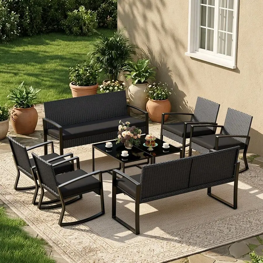 [8 Pcs] All-Weather PE Wicker 4-Piece Outdoor Furniture Set, Patio Conversation Sofa Set with Glass Coffee Table, Loveseat & 2 Rocking Chairs for Backyard, Balcony
