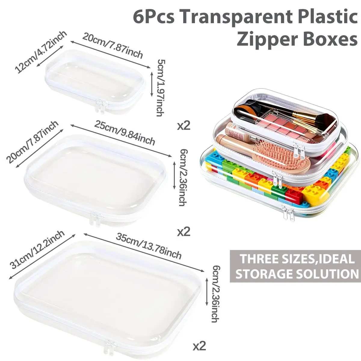 6 Pcs Clear Hard Zipper Case Hard Plastic Zipper Pouches Transparent Makeup Bag for Tools & Small Objects Girl Stuff Portable Travel Organizer Set Jewelry Box Toy Storage Bins Trinket Storage Organizer Box Large+Medium+Small (Clear,Three Sizes,white Pink)