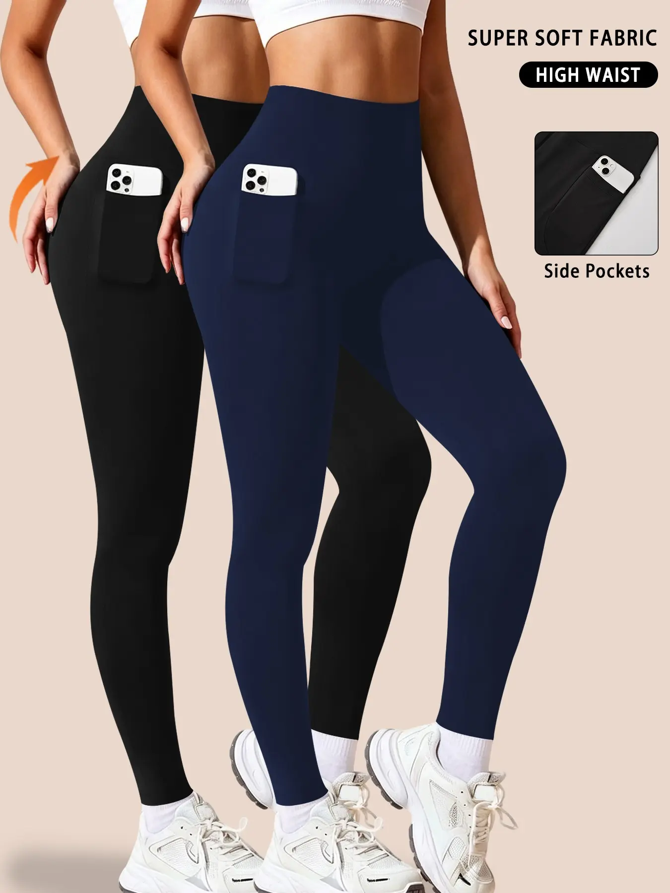2 Pack Women’s Super Soft Leggings with Pockets, High Waisted Tummy Control Yoga Pants, Sporty Workout Running Leggings, Gym Tights