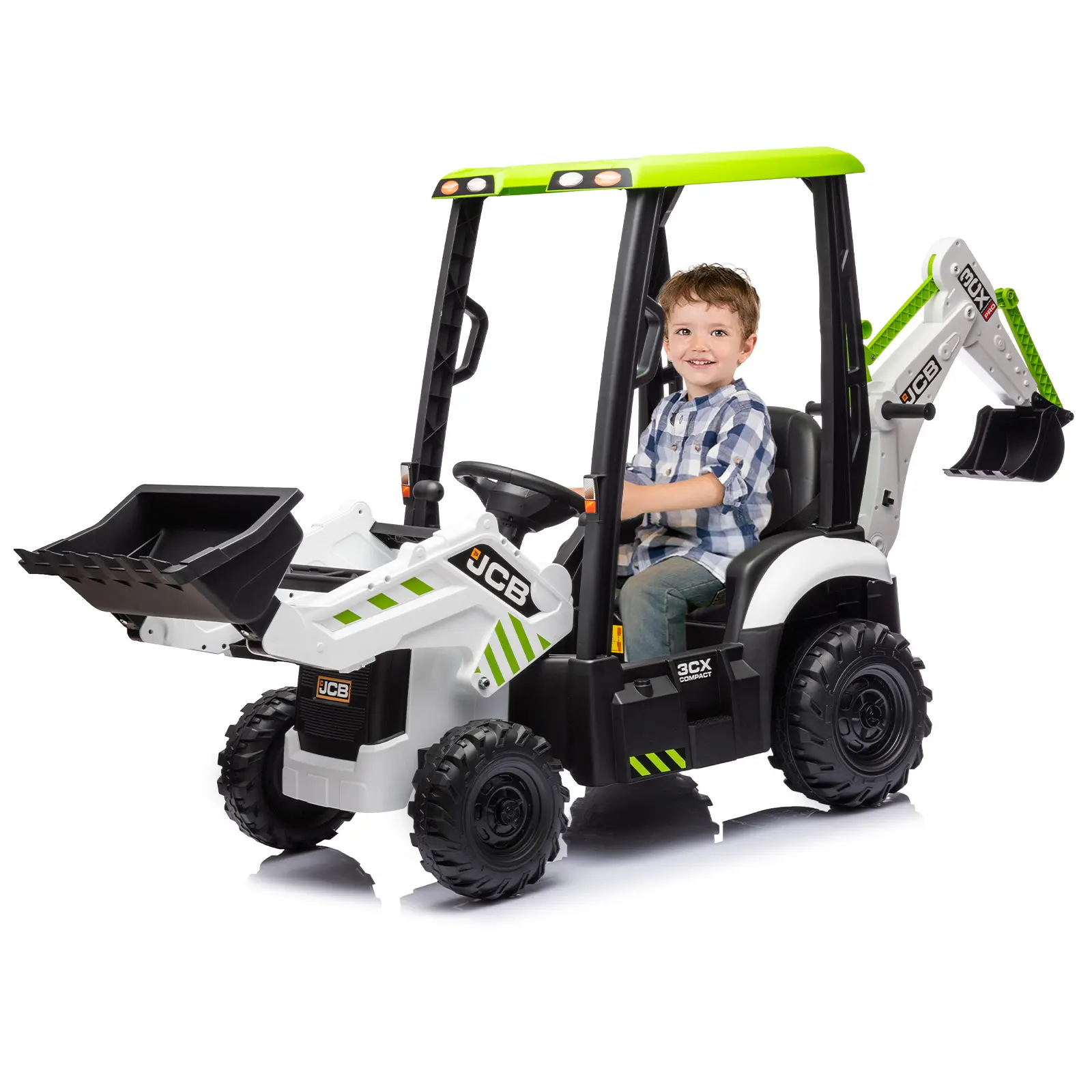 4 in 1 JCB Licensed 12V Kids Ride On Electric Car – Excavator, Bulldozer & Tractor – Remote Control, Adjustable Seat, Removable Tent, Front Loader, Digger Function, Horn, Durable EVA Tires