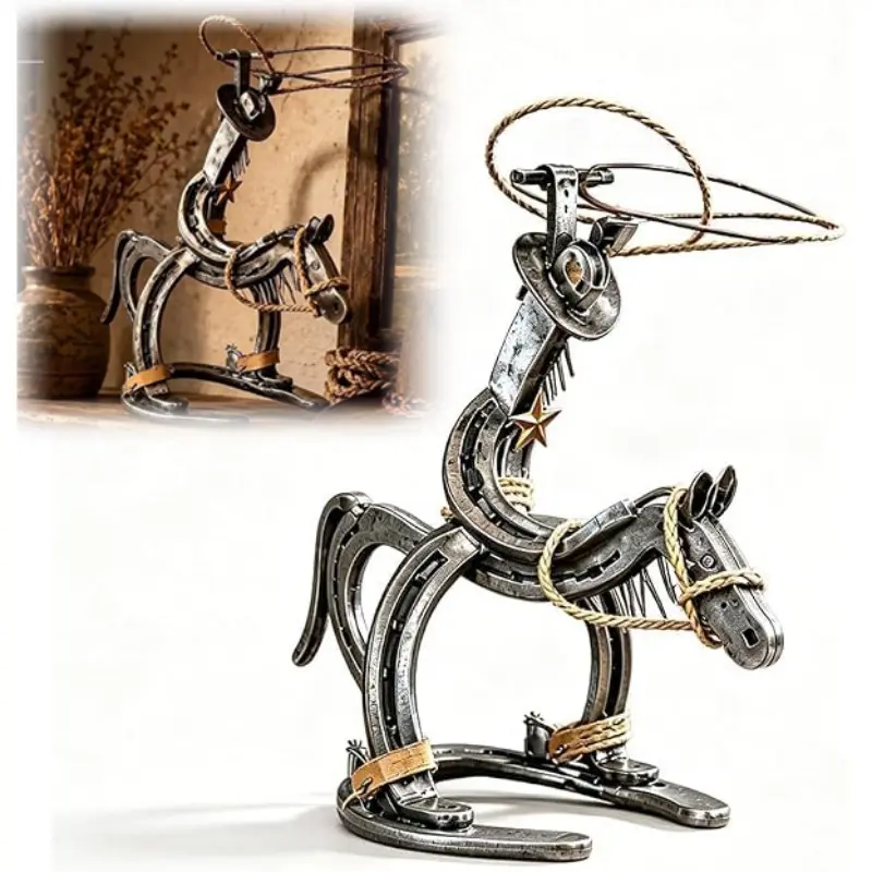 Handcrafted Cowboy Iron Pony Ornament, Rustic Western Rodeo Horse Sculpture, Metal Cowboy Desk Decor, Farmhouse Shelf Accent, Gift for Western Decor Lovers