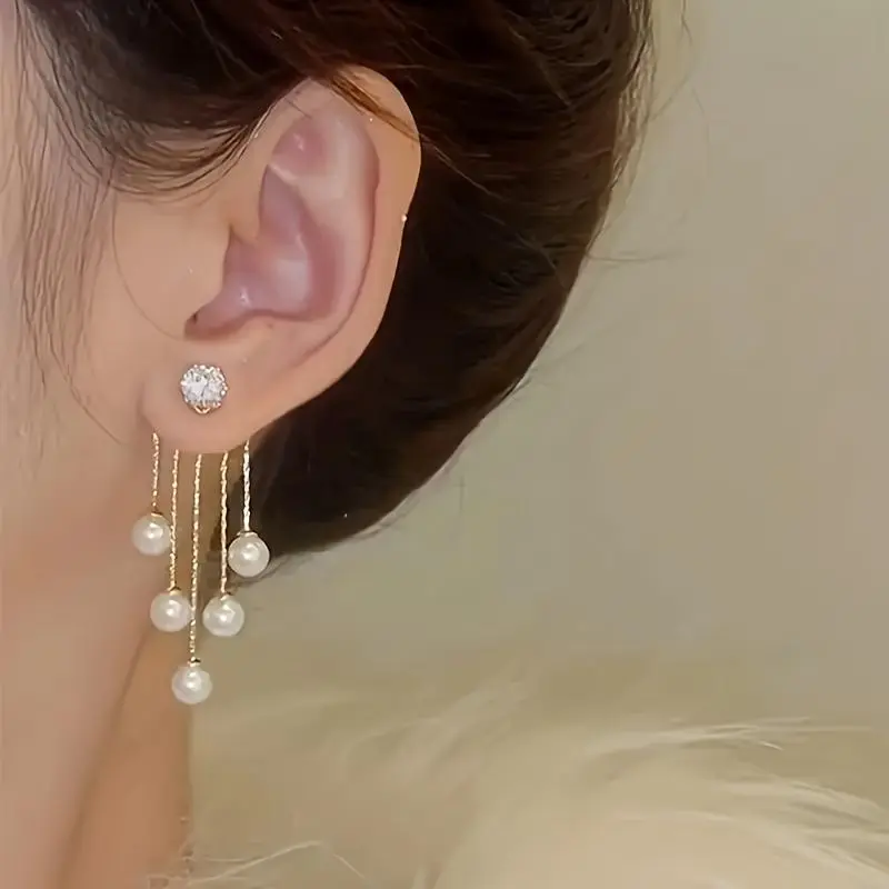 Women's Golden-Tone Alloy Rhinestone Drop Earrings - 1 Pair, 4.3*2.0cm/1.69*0.787in, No Excessive Decor, Elegant Female Indoor Recreation Accessory for Daily Wear or Party