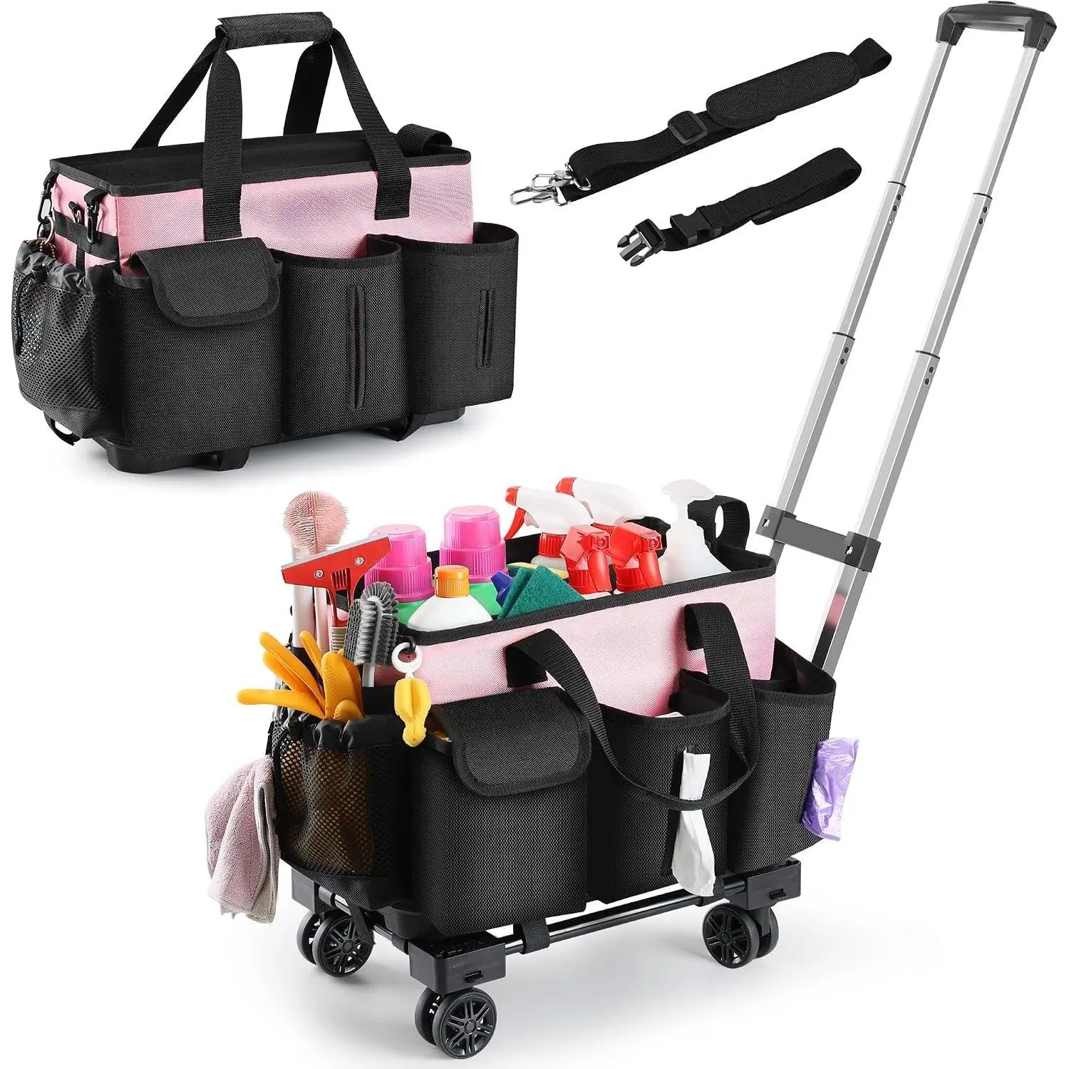 Rolling Cleaning , Cleaning Supplies Organizer with Trolley, Wearable Cleaning Tote Bag  Wheels with Hard Bottom, Cleaning Carts for Housekeepers///Office/Picnic ()