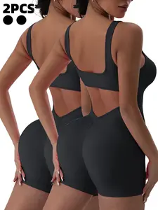 2-Pack Ribbed Backless Jumpsuit, High Stretch Breathable, Women's Fitness Pilates Training, Casual Everyday Wear, Versatile One-Piece