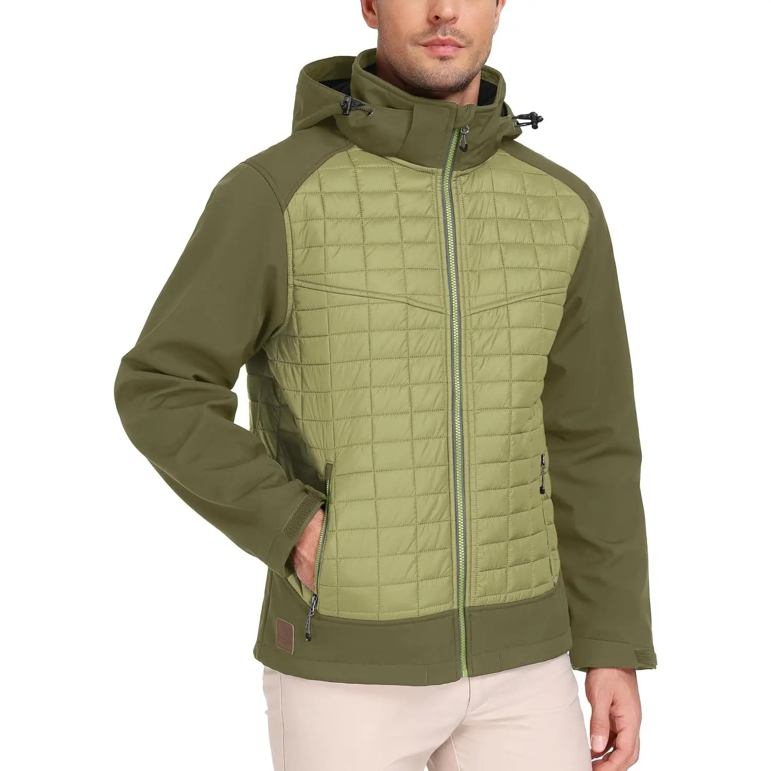 Men's Lightweight Insulated Hybrid Jacket for Hiking Running Ski Thermal Warm with Removable Hood
