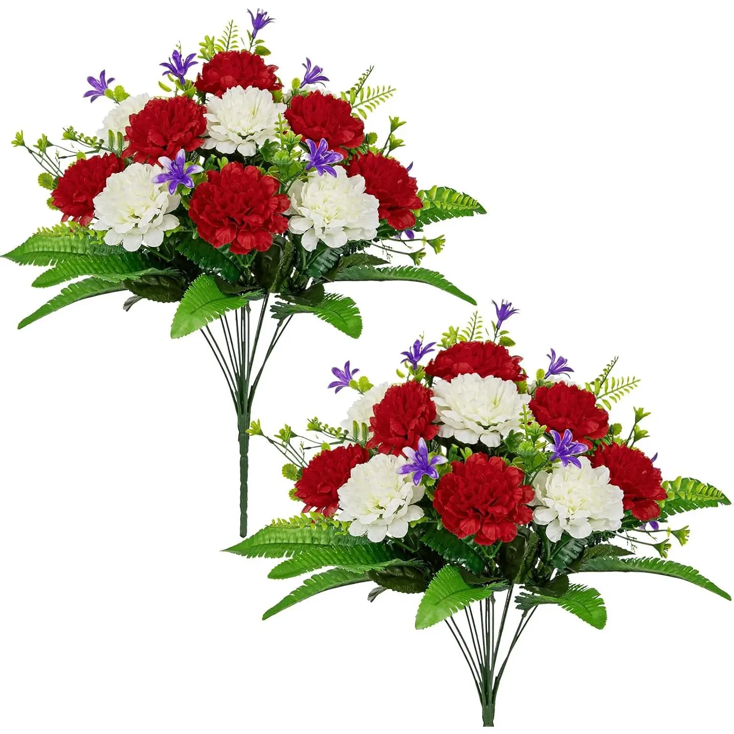 Hollyone Set of 2 Artificial Cemetery Flower for Graves Gravesite Cemetery Flowers for Grave Red Carnation Bush Bouquet Outdoor Indoor Silk Flowers Arrangements Events Wedding Party Home Decorations